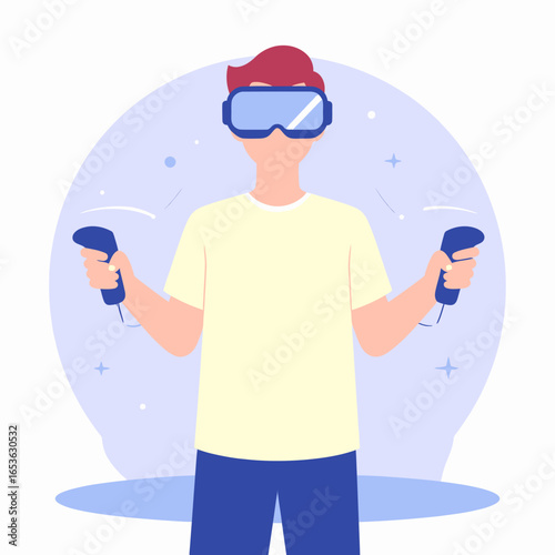 Young man with red hair wearing a virtual reality headset and holding two blue controllers for an immersive experience.