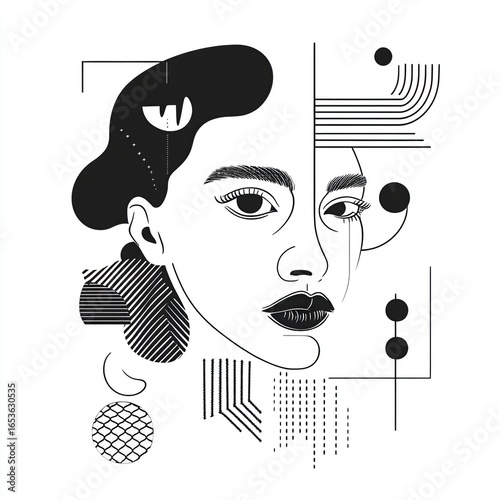 Abstract Monochrome Portrait with Geometric  Surreal Elements