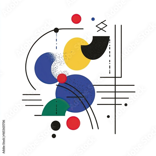 Geometric Abstraction: Primary Color Composition with Circles, Lines, and Textures