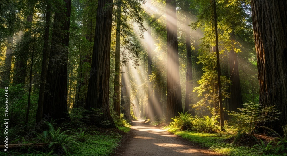Naklejka premium Sunbeams Filtering Through Redwood Forest Trees along a Hiking Trail