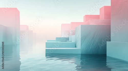 Abstract pastel city blocks in water; hazy sunrise; architectural scene; 3D rendering