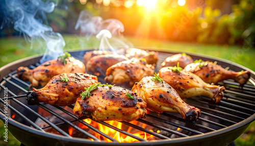 Wallpaper Mural Close Up Of Grilled Chicken On A Barbecue Grill with Smoke and Golden Hour Sunlight Torontodigital.ca