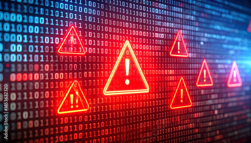 Digital warning signs: A digital landscape, with warning signs on the screen, which depicts an alert or error.