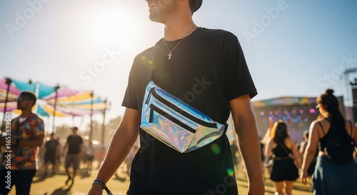 Man wearing holographic fanny pack at outdoor festival with sun flare