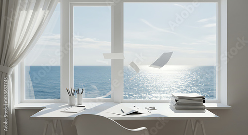 Surreal workspace concept showing a tranquil desk by a window with a stunning ocean view from an airplane.