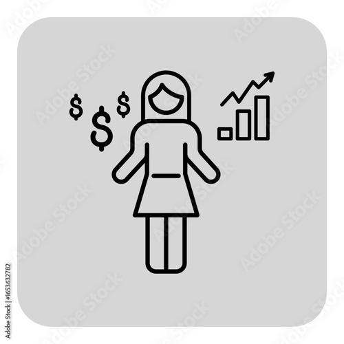 Simple line icon of smiling woman in dress surrounded by symbols of money and growth. Financial success and empowerment concept