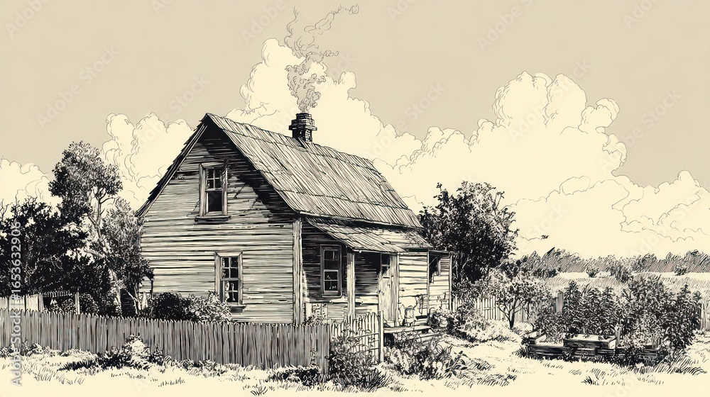 Rustic cabin scene with smoke rising, depicted in a sepia-toned, detailed drawing Rustic cabin scene with smoke rising, depicted in a sepia-toned, detailed drawing