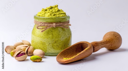 Pistachio paste in glass jar with wooden scoop