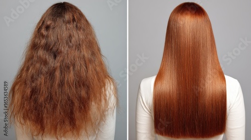 Woman's hair before and after straightening, showing texture change. Useful for ads showcasing hair care or transformation concepts.