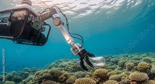 Underwater robot arm collects plastic bottle from vibrant coral reef ecosystem