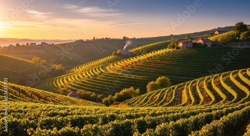 Picturesque Vineyard Landscape at Sunrise in Slovenia, Wine Region Scenery