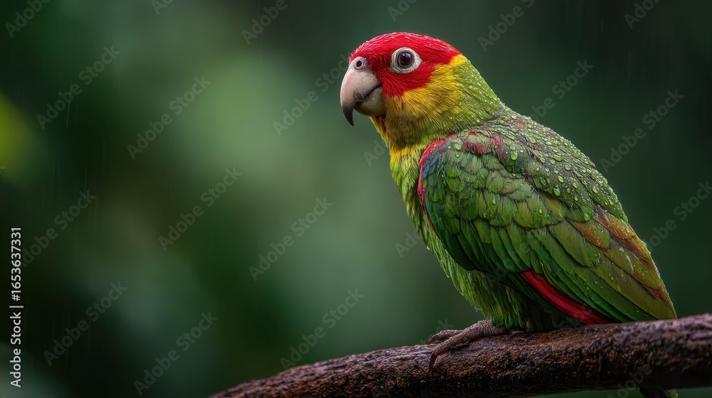 Naklejka premium Colorful parrot perched on a branch surrounded by lush greenery and gentle rain, showcasing vibrant feathers and striking features in a tropical habitat