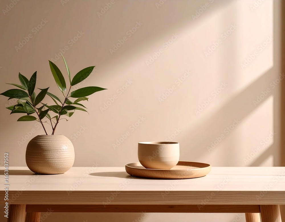 Obraz premium Minimalist Interior with Green Plant and Ceramic Ware on Wooden Table