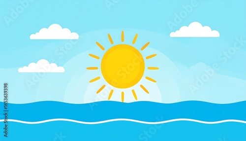 Cartoonish sun and clouds over water