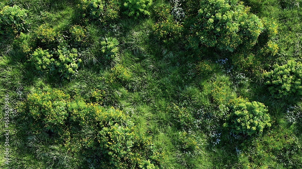 Obraz premium A dense, green forest with various plants and trees, including ferns and bushes, set against a backdrop of blue sky and green foliage.