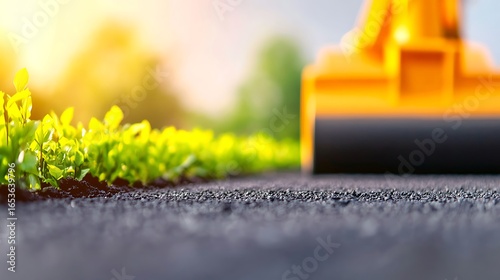 Yellow steamroller compacting fresh asphalt on a sunny day