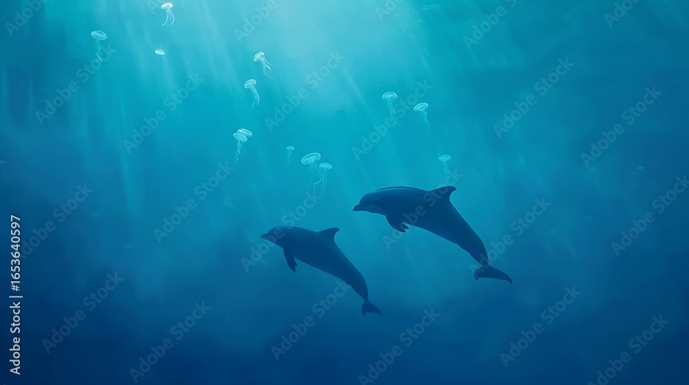 Obraz premium Two dolphins swim together in sunlit ocean depths