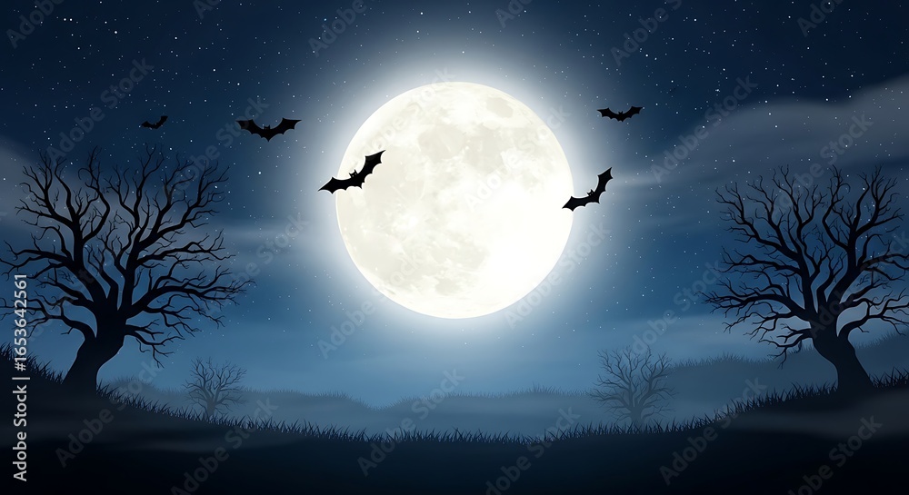 Naklejka premium Eerie Night Scene with Full Moon Bats and Bare Trees