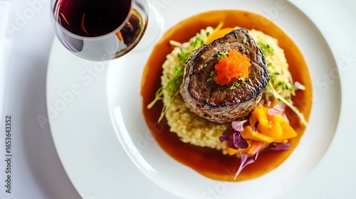 Gourmet filet mignon on yellow grain with rich sauce, orange roe, and microgreens, served with red wine creating luxurious fine dining scene for upscale menus, culinary blogs premium food publications