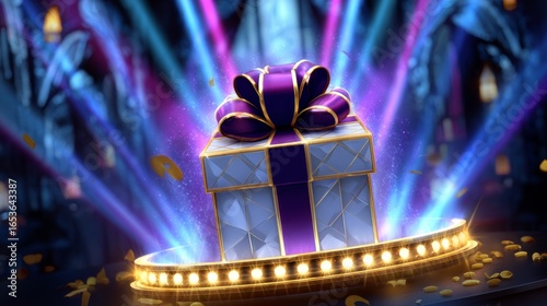 Gift box illuminated with vibrant lights and ribbons, on a stage, creates a festive and celebratory atmosphere