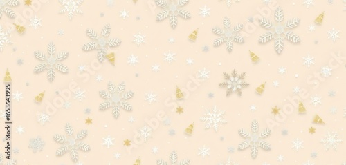 Subtle silver & gold snowflakes on beige, boho-chic winter seamless pattern, festive, seamless texture