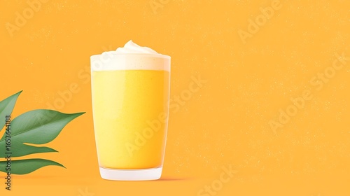 Refreshing yellow smoothie with creamy frothy topping and green leaves