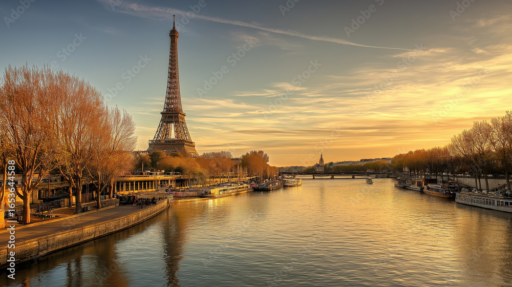 Fototapeta premium Eiffel Tower with Seine River at Golden Hour