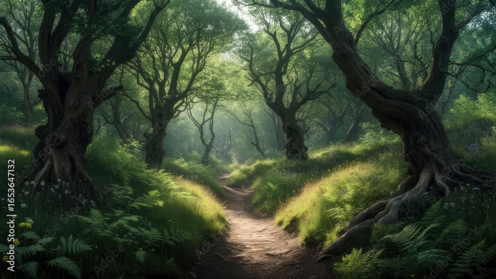 Naklejka premium Sunlit path through a mystical forest