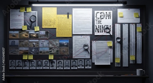 Investigative board filled with clues and leads reveals a complex conspiracy network