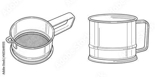 Detailed illustration of two sifter devices, kitchen utensils for baking and cooking.