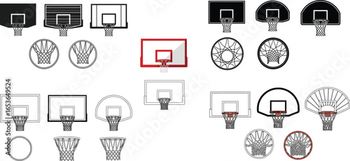 black vector various style Basketball hoop, basketball and goal, net, ring icon silhouettes set. Silhouette set of a basketball hoop with a net vector silhouette.