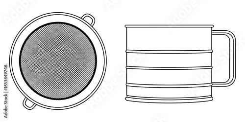 Detailed Illustration of a Metal Flour Sifter, Presented in a Technical Drawing Style.