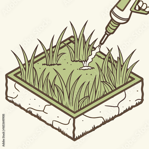 Applying liquid fertilizer to a patch of grass in a square planter box.