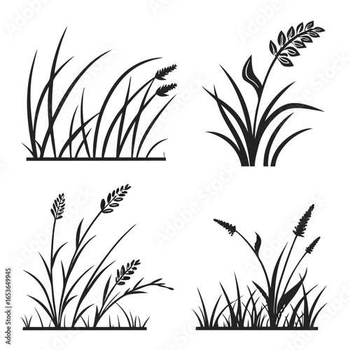 A collection of four black silhouette icons depicting wild grass, weeds, and various meadow plants.