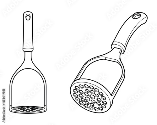 Kitchen Utensil: Detailed Outline of a Potato Masher in Two Different Perspectives.