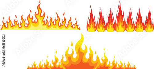 Vector Flame Clipart – 3 Unique Fire Designs for Graphic Projects. Seamless vector illustration set of horizontal fire flames creating a blazing banner of heat, burn, wildfire silhouette, flammable.