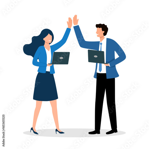  Happy businesspeople smiling and celebrating. Businessman and businesswoman doing high five and cheering for success and job well done. 