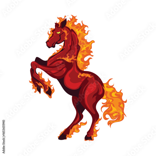 Mythical flaming horse rearing with blazing mane tail and hooves ideal for fantasy illustrations fiery artwork posters mystical creatures and powerful creative designs.