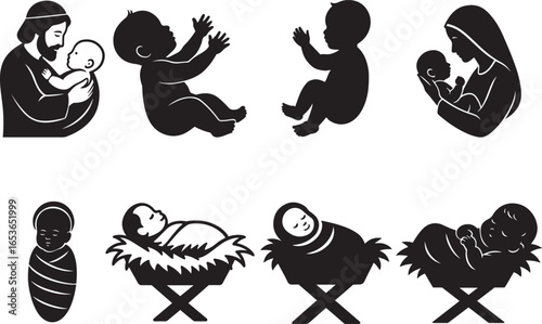 Baby Jesus nativity scene set in flat black silhouette vector design illustration bundle for Christmas
