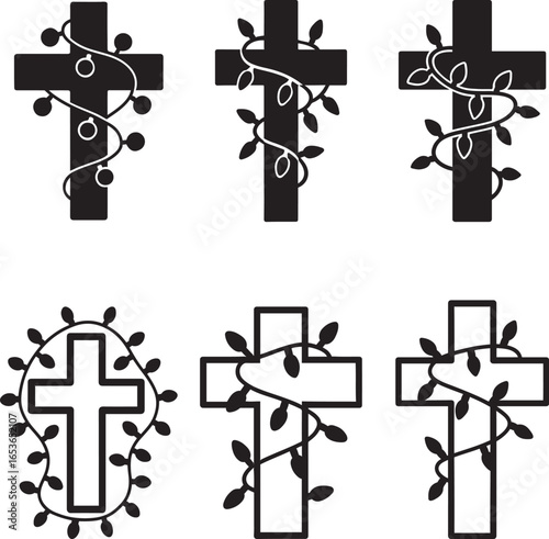 Cross with Christmas lights set in flat black silhouette vector design illustration bundle for holidays
