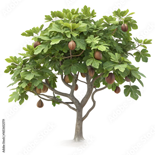 A healthy fig tree laden with ripe fruit against a black background