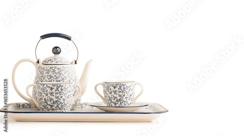 Vintage porcelain tea set with floral pattern on a tray