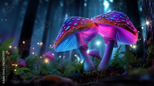 Magical mushrooms in a vibrant forest, glowing with colorful light, surrounded by leaves and ferns. An enchanting scene filled with fantasy.