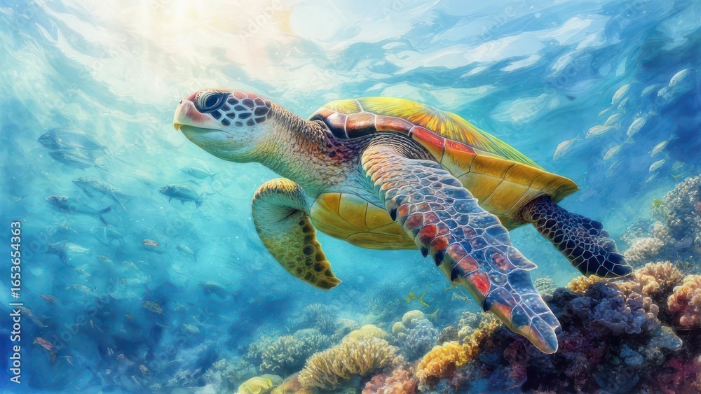 Obraz premium A Colorful Sea Turtle's Serene Glide Through Sun-Kissed Ocean Depths