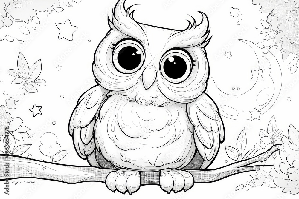 Fototapeta premium Simple black and white line art of smiling owl sitting on tree branch with moon and stars, minimal background for children coloring book page