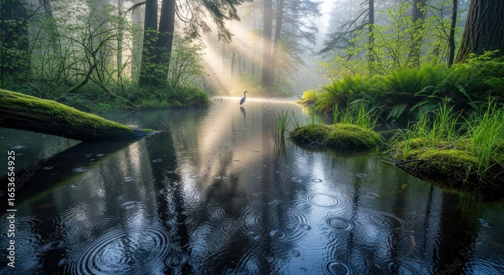 Obraz premium Tranquil forest stream bathed in ethereal light featuring a solitary heron silhouette