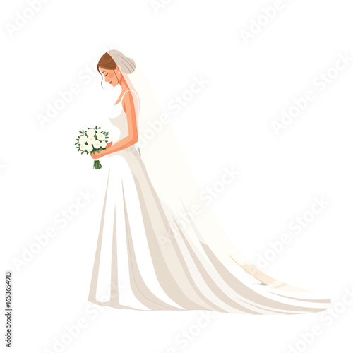 Elegant bride holding a bouquet in her hands, wearing a long white dress and veil, captured in a modern vector style, perfect for wedding invitations and bridal resources