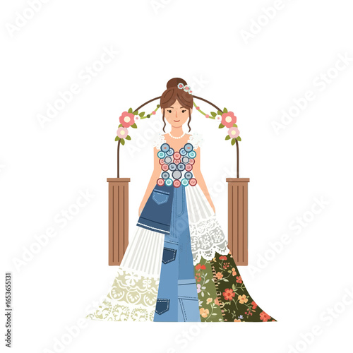 Charming bride wearing a unique patchwork dress with buttons and denim accents under a floral arch, celebrating individuality and sustainable fashion choices on her special day