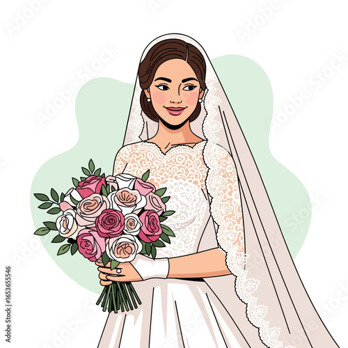 Stunning bride holding a beautiful rose bouquet wearing an elegant lace gown on her special day, radiating happiness and love during her wedding celebration