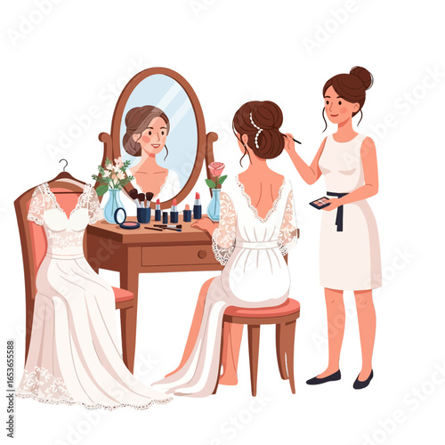Bride getting ready for her special day with a makeup artist, a moment of beauty and anticipation before the wedding ceremony, captured in a heartwarming scene